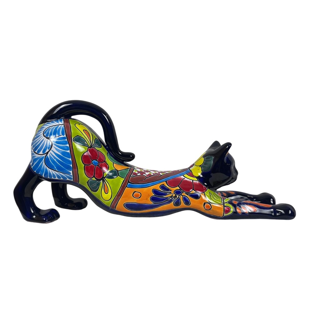 Talavera Mexico Stretching Cat Figurine Hand Painted Floral 18 inches